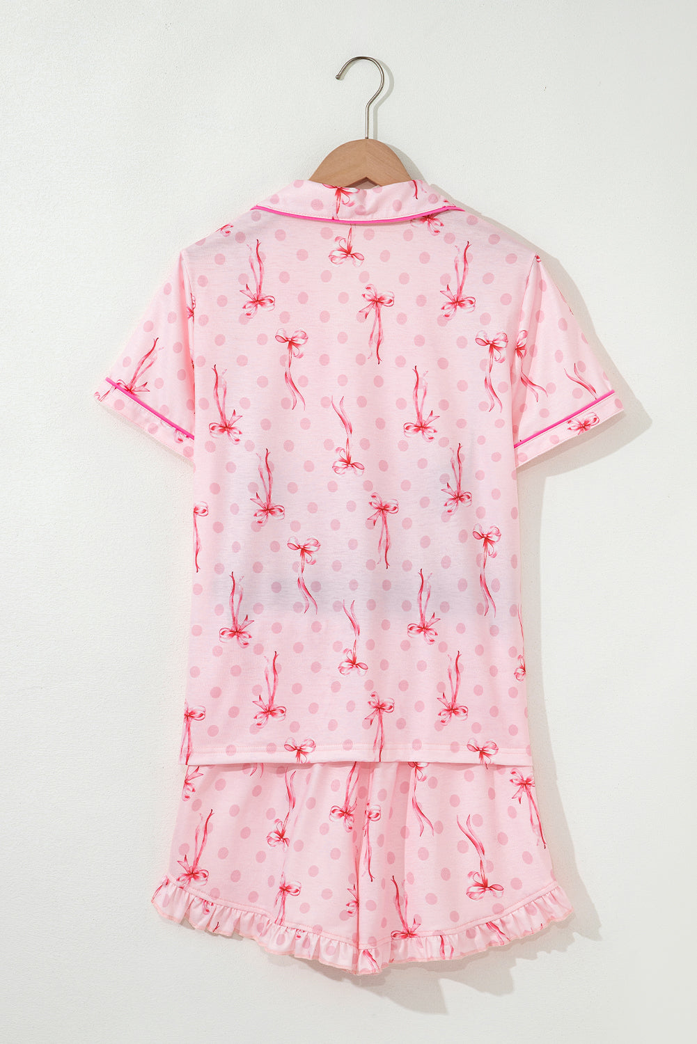 Contrast Bow Print Pipping Short Pajamas Set