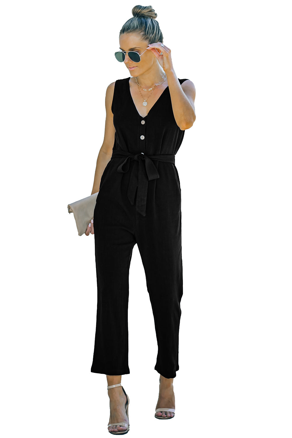 Women's Jumpsuit Featuring V Neck Belted