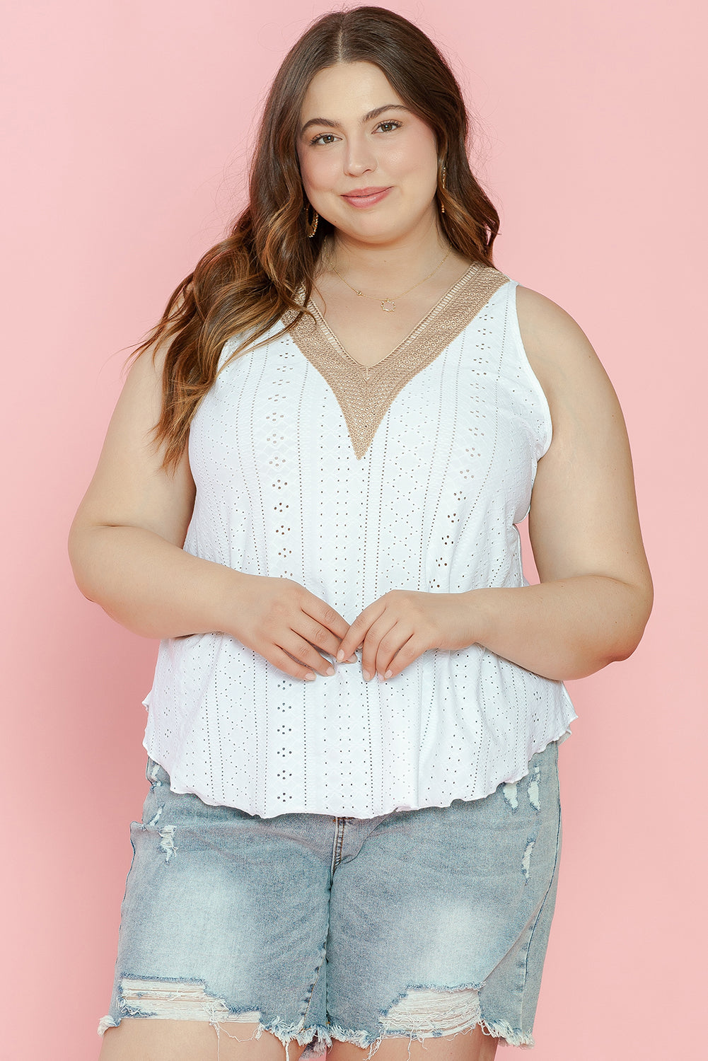 Women's Tank Top Featuring Lace-Trimmed Plus Size V Neck