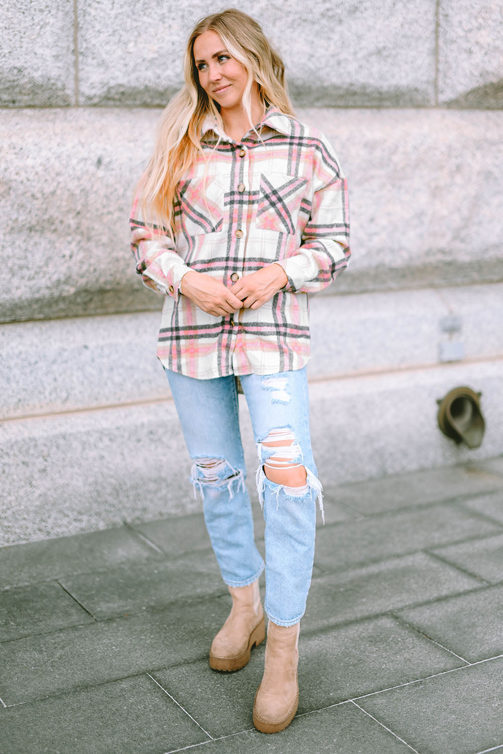 Women's Shacket Featuring Plaid Button Chest Pocket