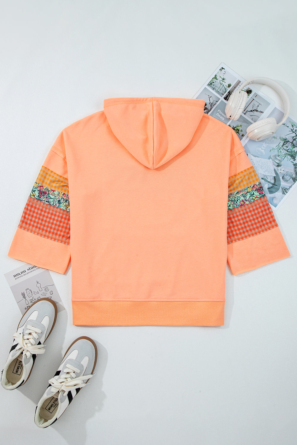 Plaid Floral Patchwork Kangaroo Pocket Hooded Long-Sleeved Top