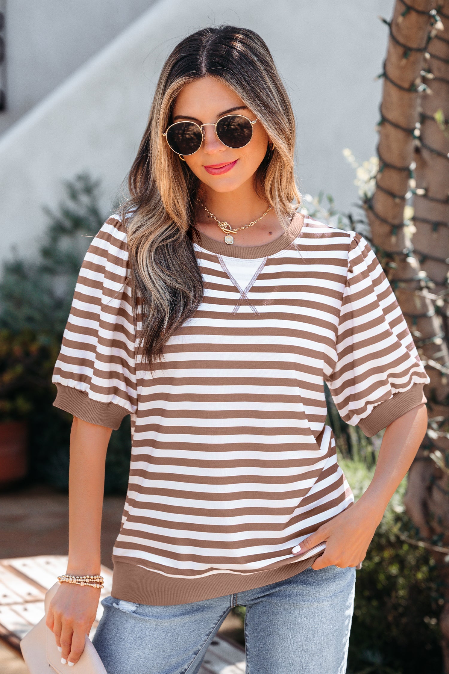 Bubble Stripe Short Sleeve T Shirt in Khaki
