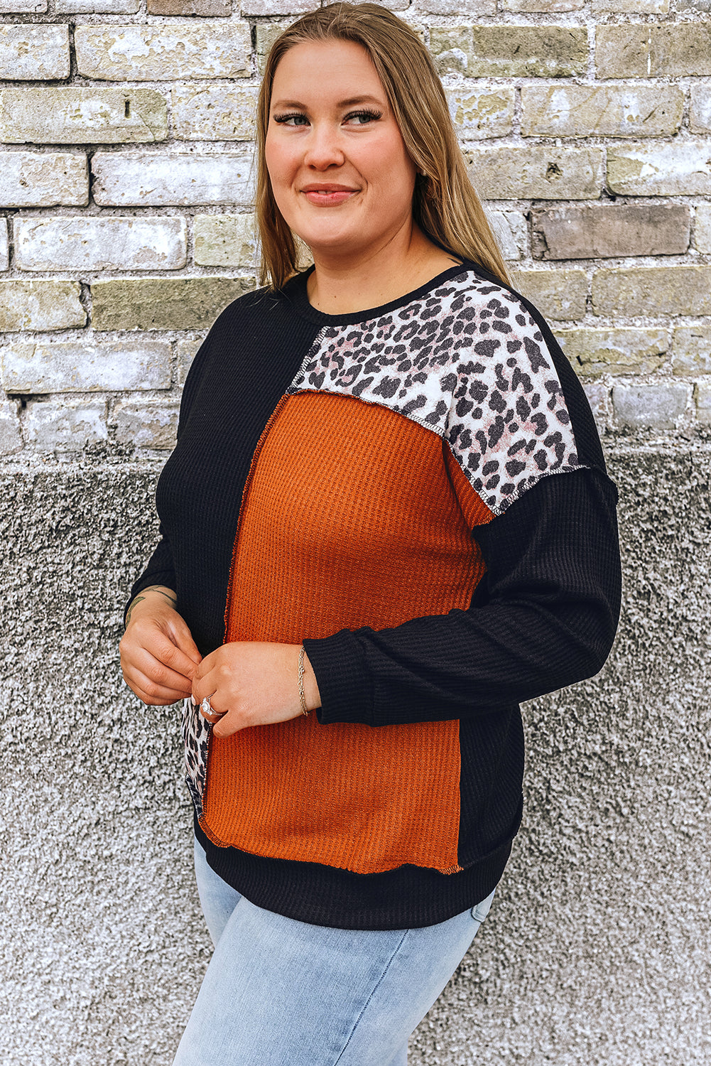 Women's Plus Size Patchwork Waffle Knitted Top