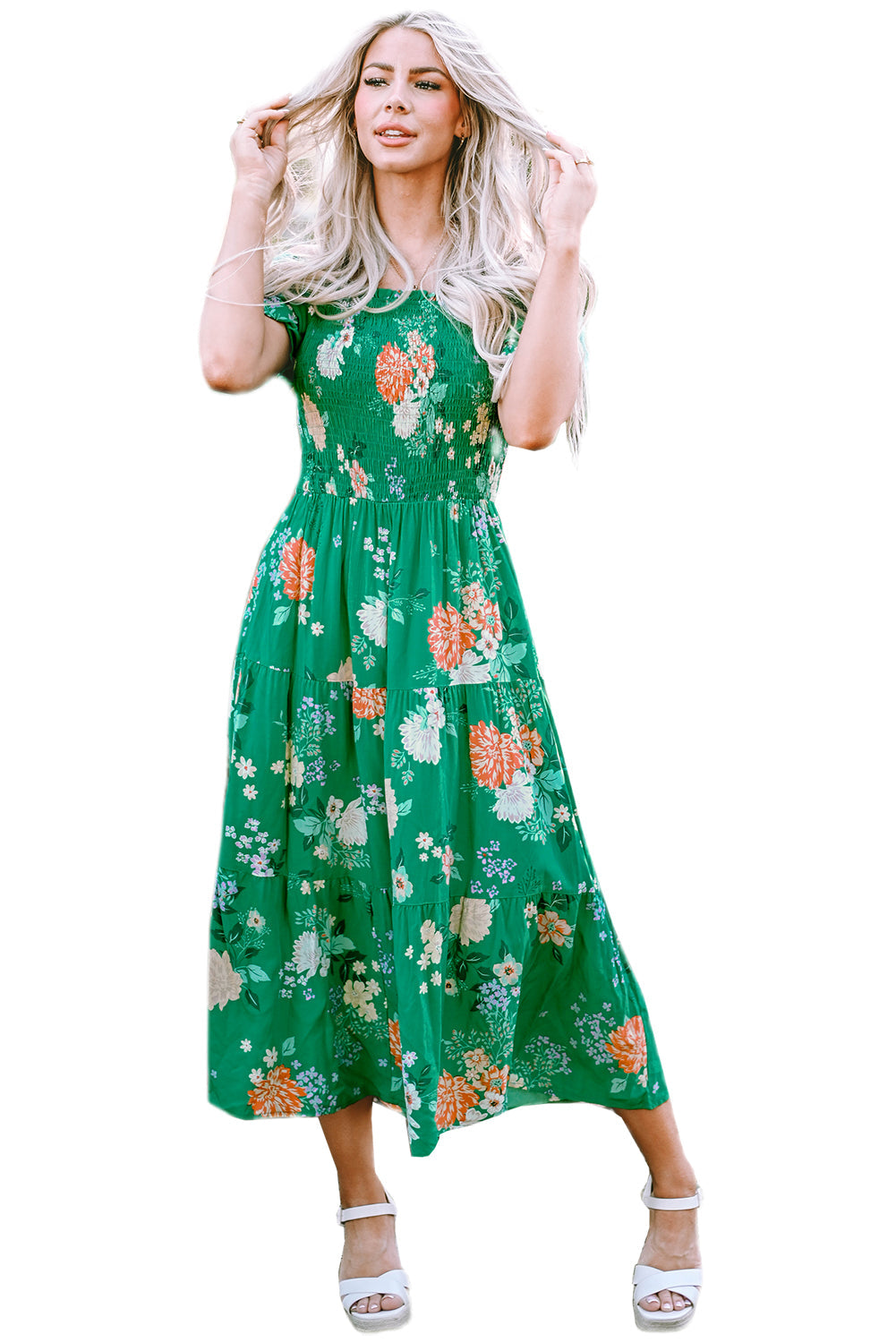 Women's Dresses Featuring Print Shirred Layered Midi Floral-Print
