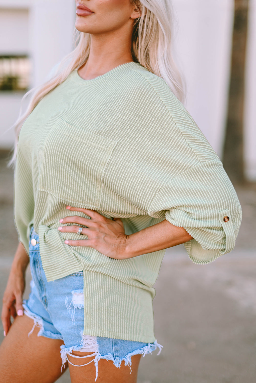 Women's Rib-Knitted Roll-tab Sleeve Oversize Top