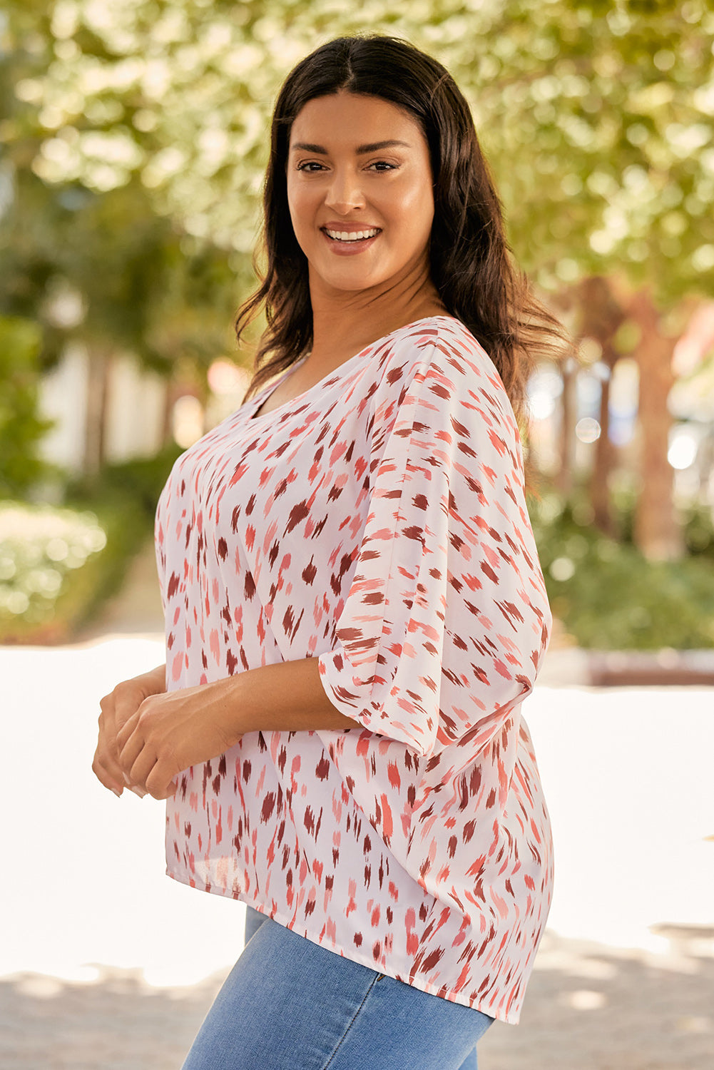 Blouse for Women 3/4 Dolman Sleeve Plus Size Printed