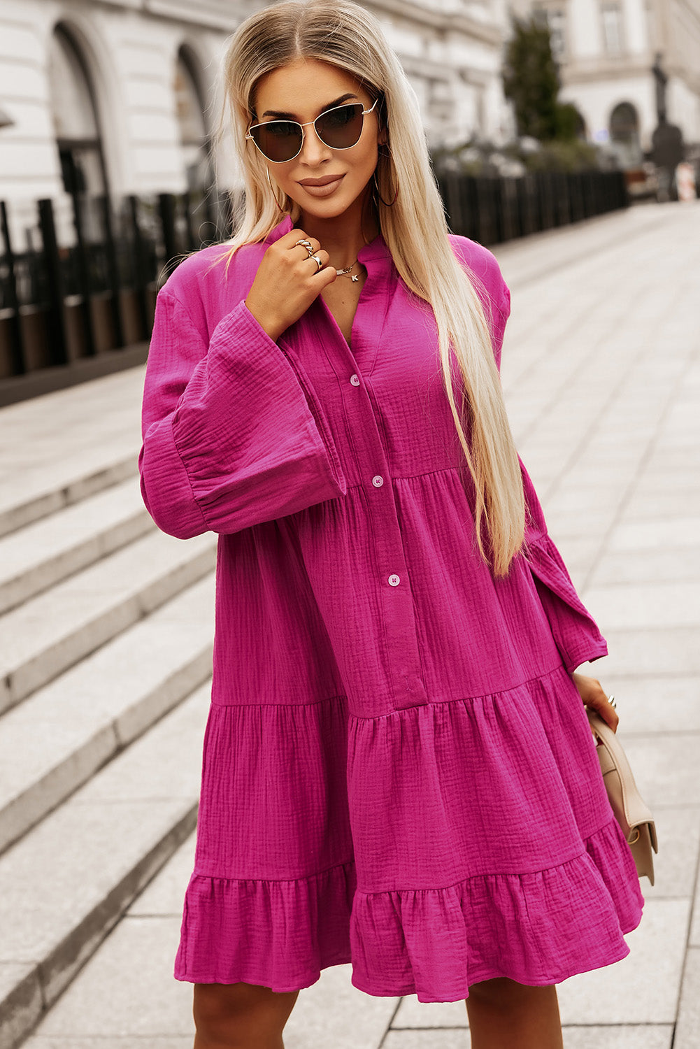 Women's Crinkled Layered Split Neck Shirt Dress