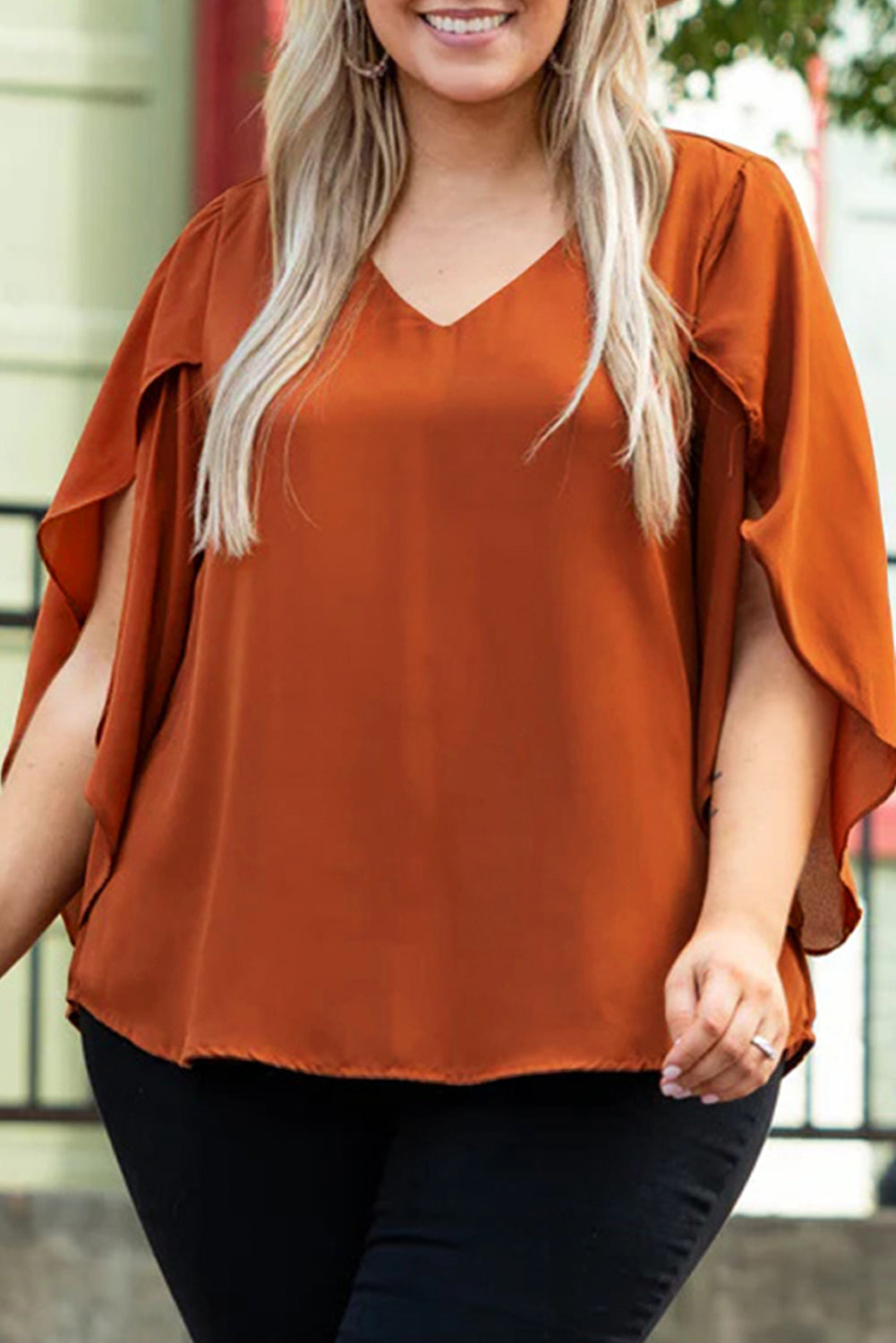 Women's Blouse Featuring Solid Ruffle-Trimmed Sleeve Plus Size