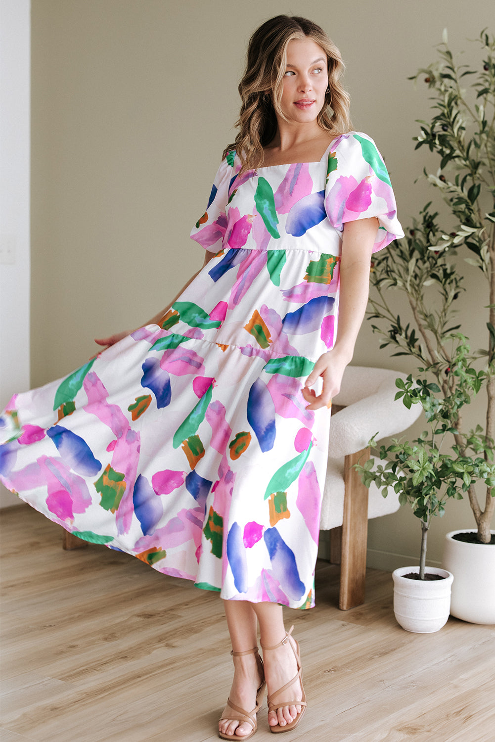 Purple Abstract Print Smocked Back Midi Dress
