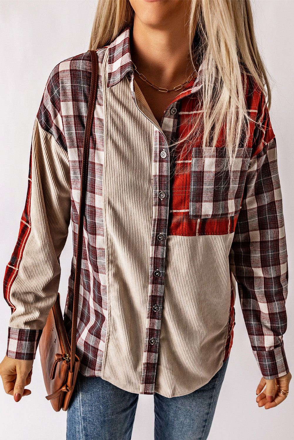 Women's Patchwork Plaid Cord Shacket