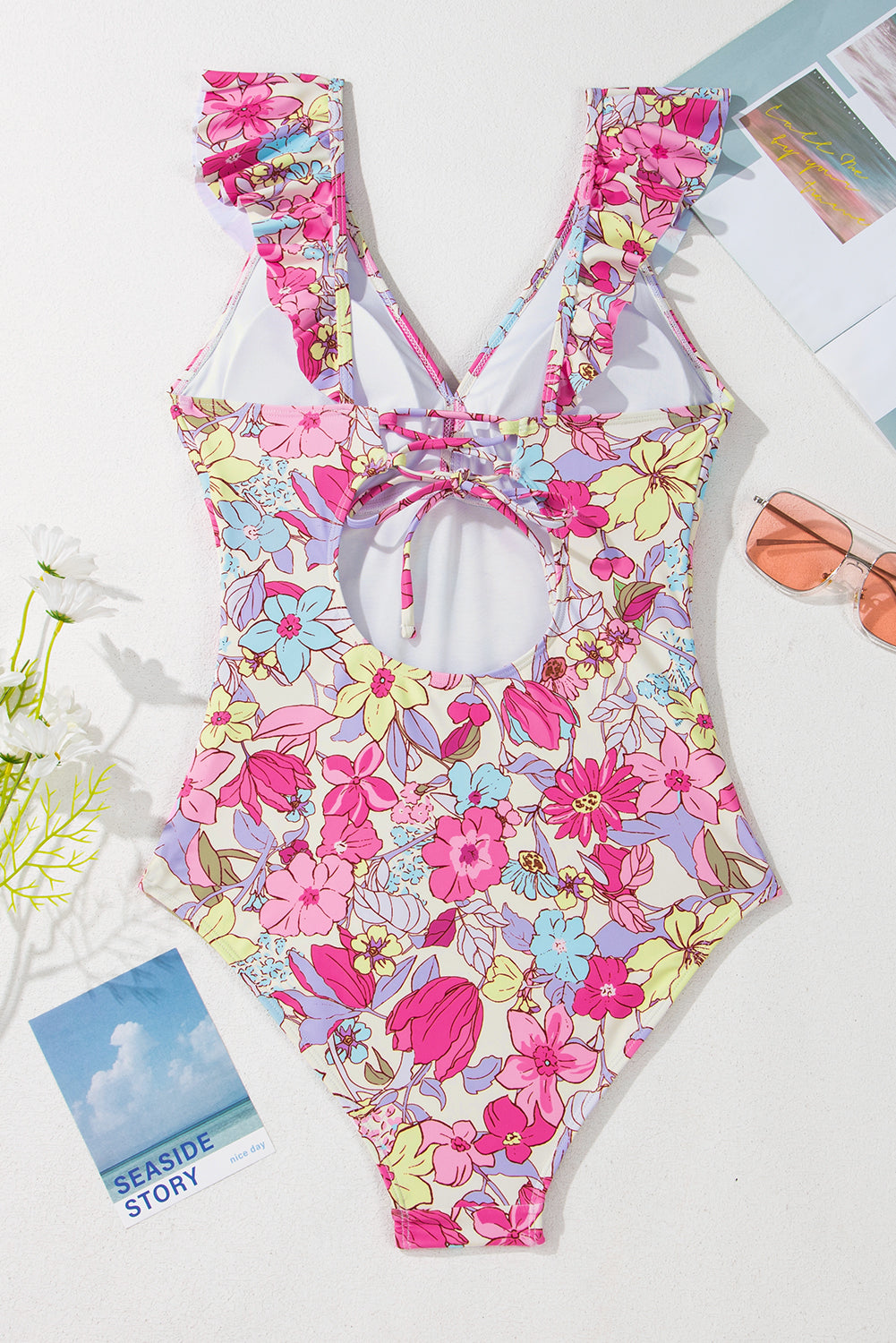 Floral Ruffle Trim V Neck Lace-up Back Tummy Control One Piece Swimsuit