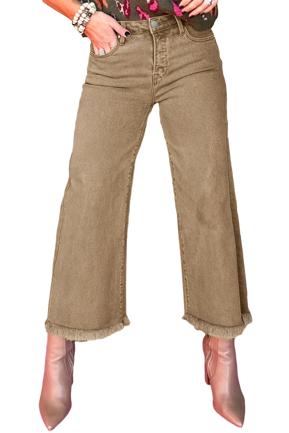 Women's Jeans Featuring Acid Washed High Rise Cropped Wide-Leg