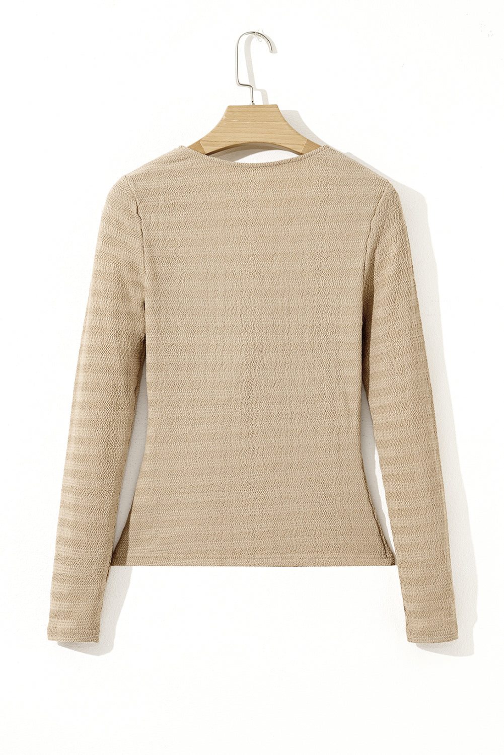 Pale Long-Sleeved Khaki V-Neck Slim Solid Top