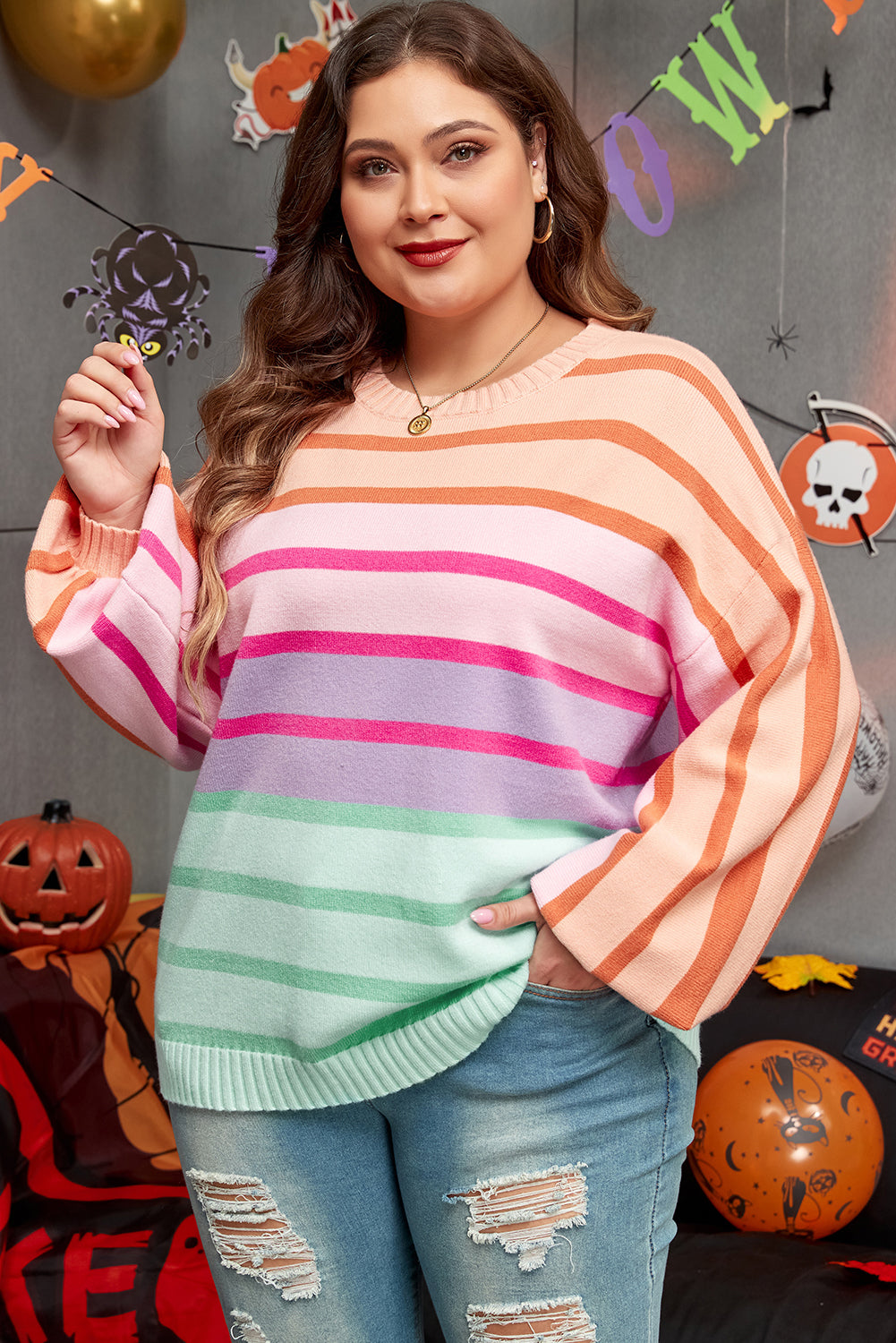 Women's Sweater Featuring Balloon Sleeve Crew Neck Plus Size