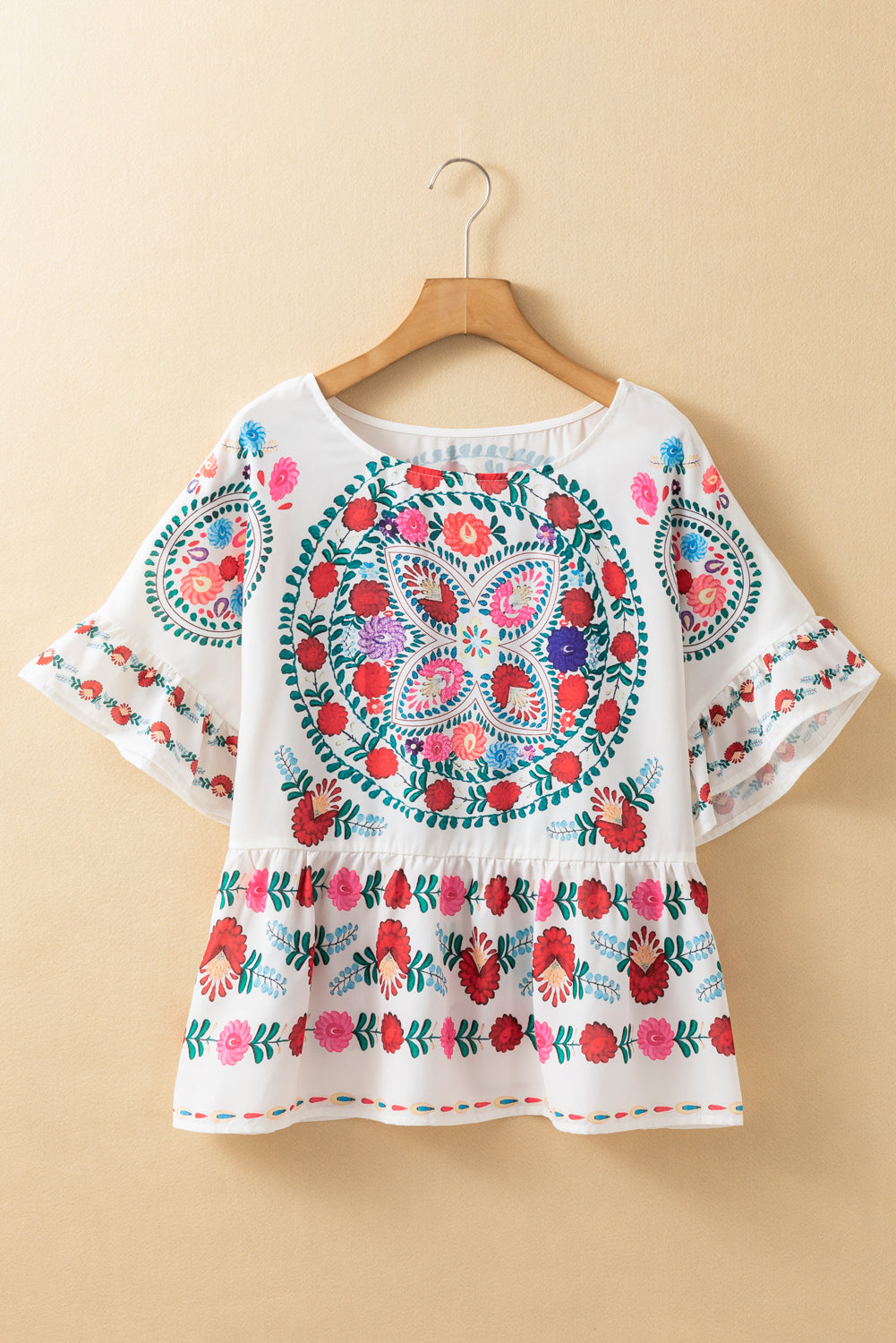 Boho Floral Print Round Neck Ruffle Trim Blouse