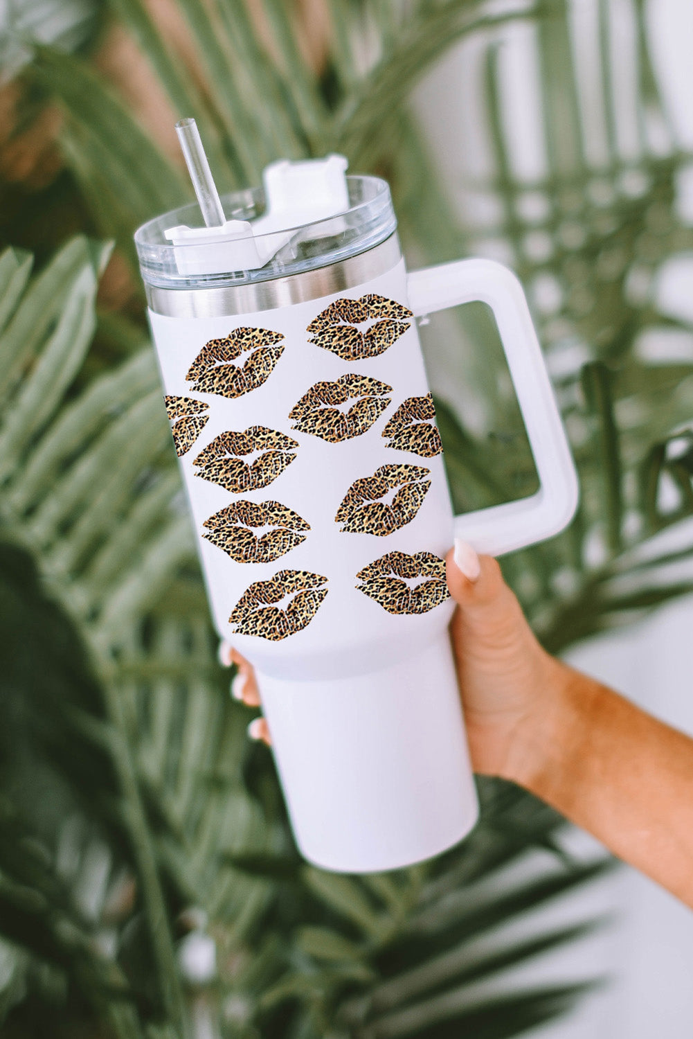 Valentine Print Leopard Lips Thermos Cup with Straw 40oz
