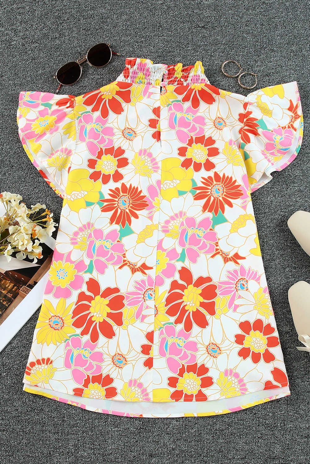 Women's Stand Collar Flutter Floral-Print Top