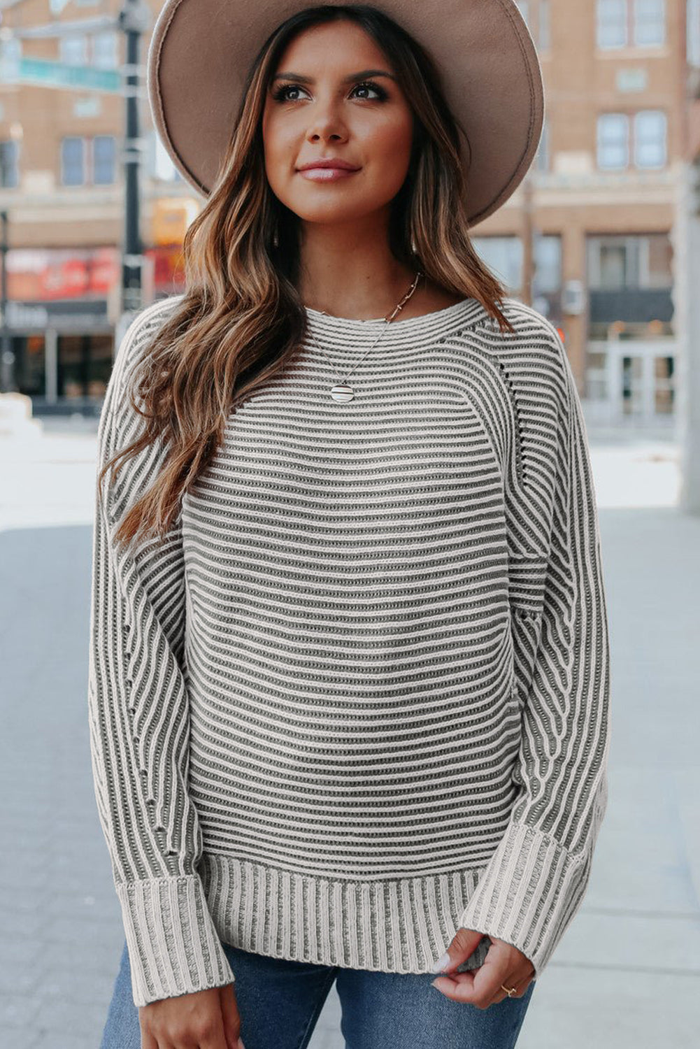 Striped Print Rib-Knit Knit Boat Neck Baggy Knit Top