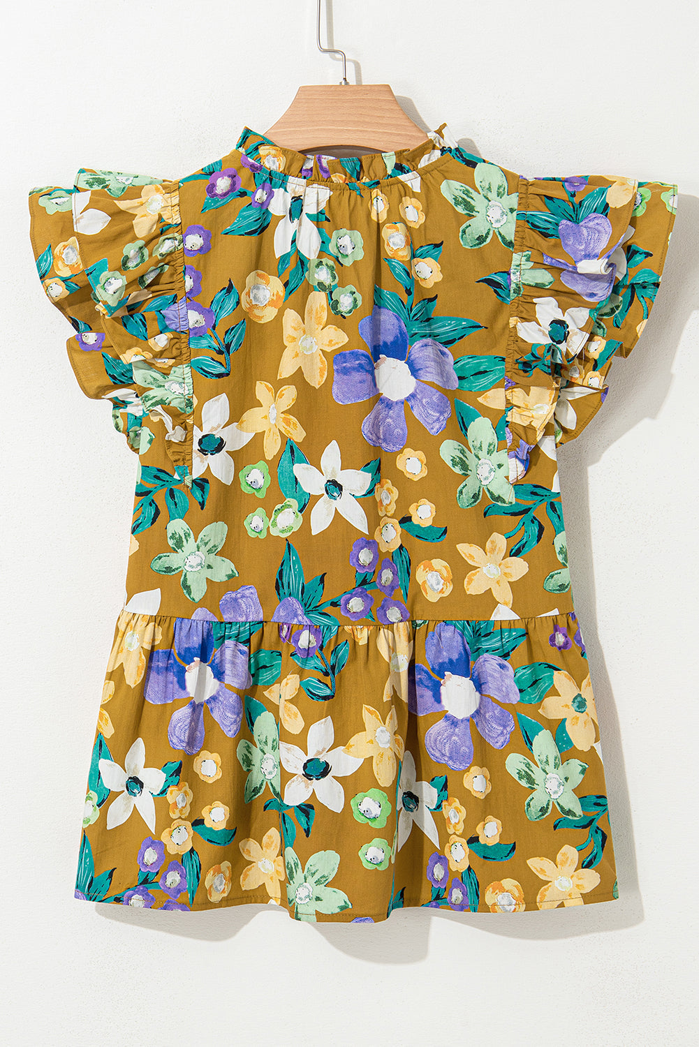 Floral-Print Sleeve Tiered Flutter V-Neck Top