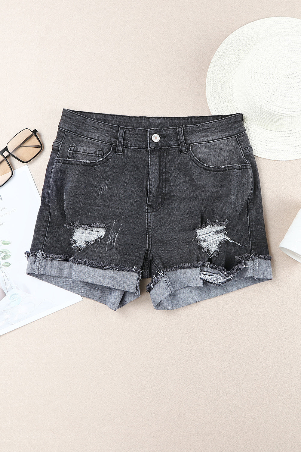 Women's Shorts Featuring Denim Distressed Ripped Rolled Hem