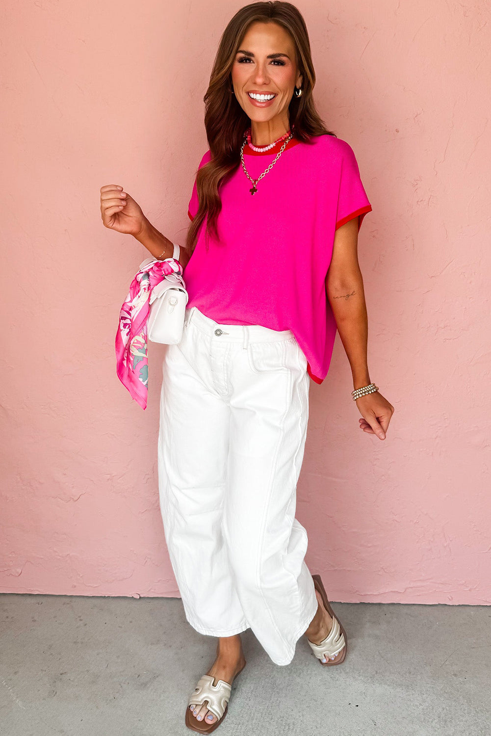 Contrast Short-Sleeved Trim Round-Neck Loose Knit Knit Top Style