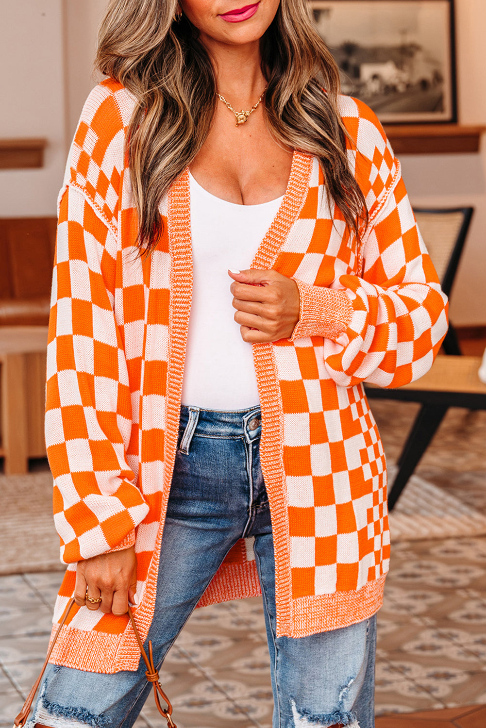 Open-Front Drop-Shoulder Checkered Drop-Shoulder Cardigan in Orange