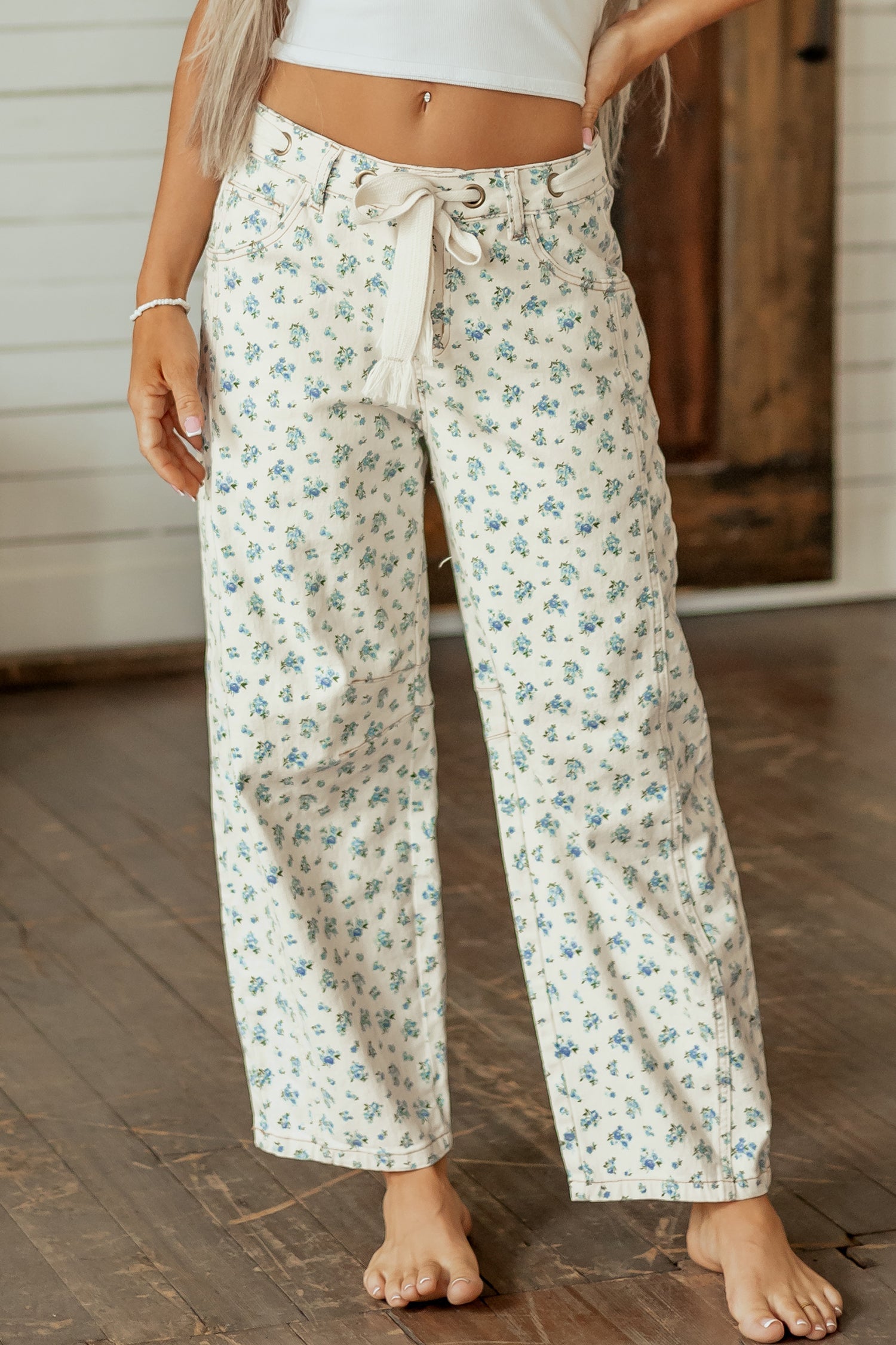 Grommet Knot Waist Floral Barrel Leg Jeans in Beige