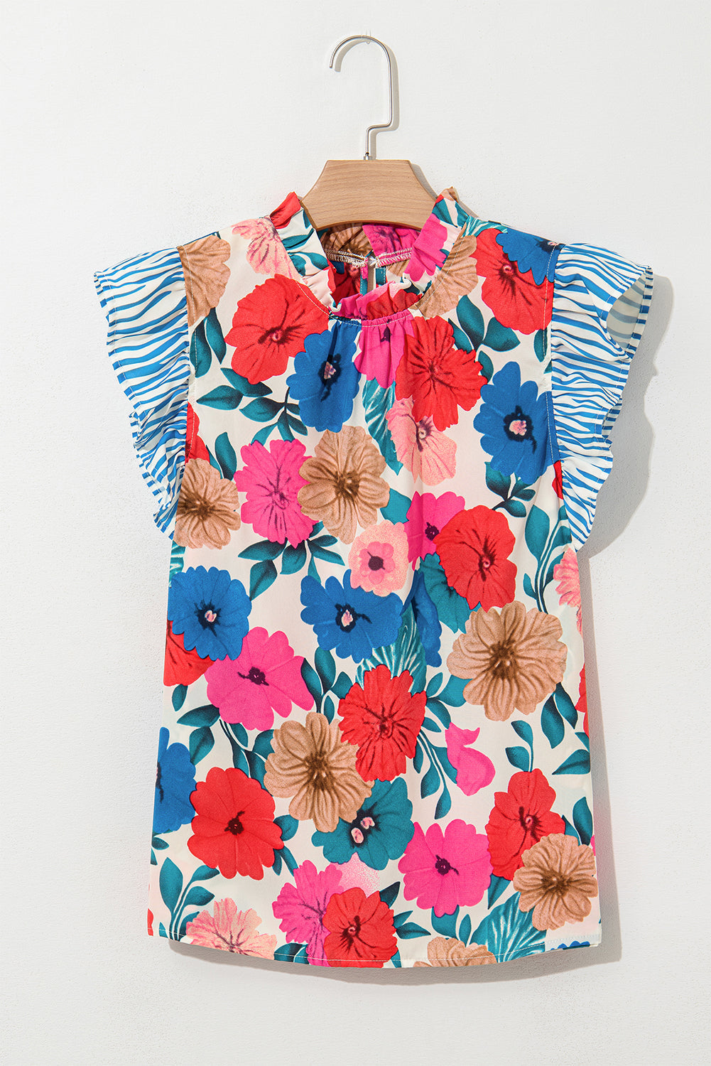 Striped Floral Mock-Neck Flutter Sleeve Blouse