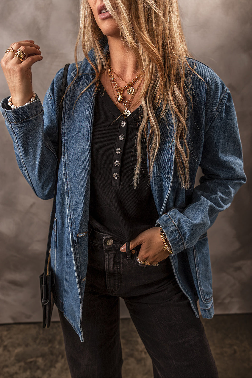 Denim Jacket with Side Pockets Lapel Collar