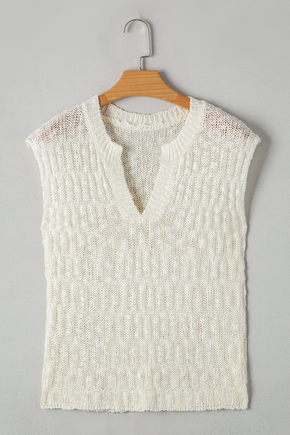 White Notched V Neck Short Sleeve Sweater