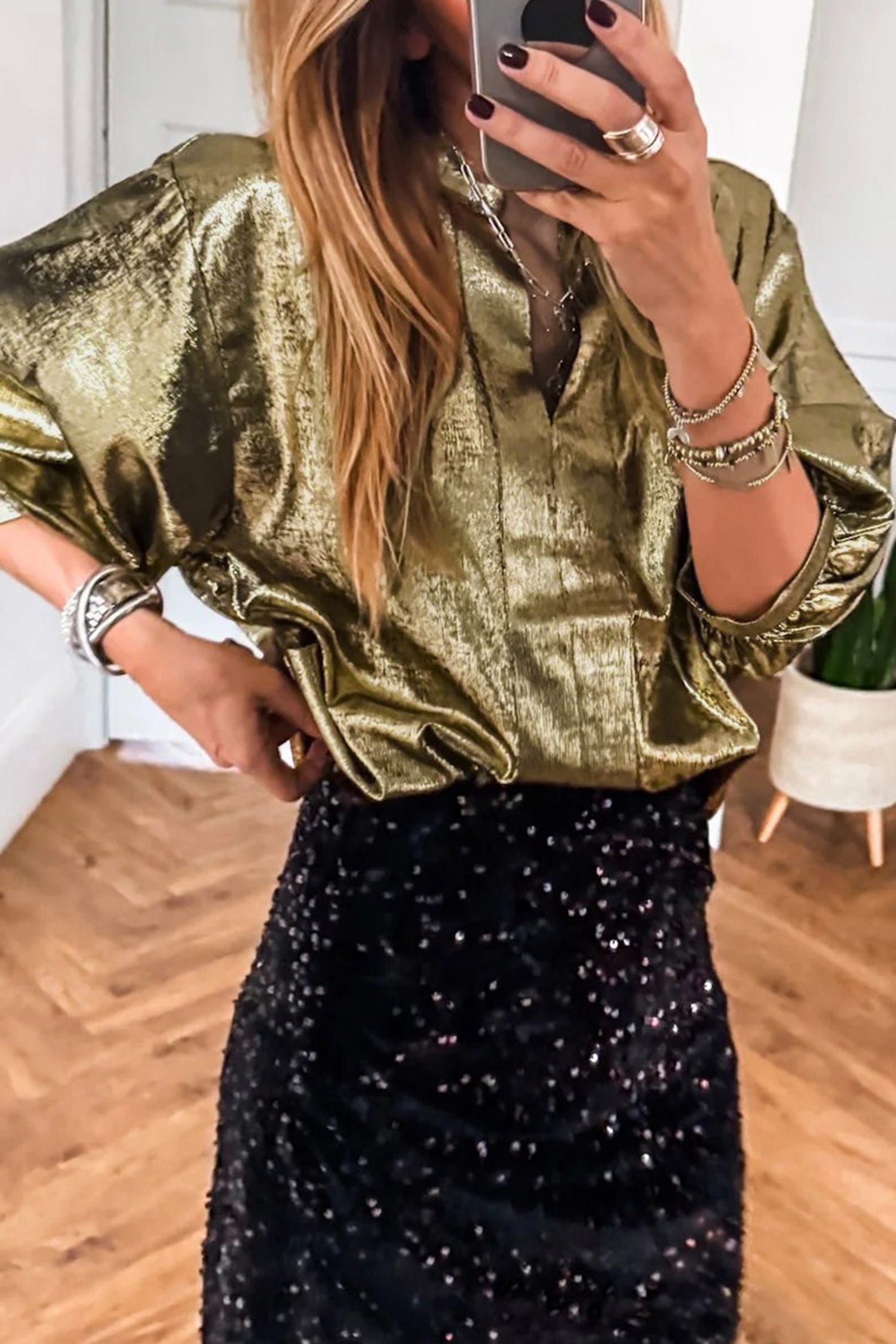 Metallic Half Split Neck Sleeve Blouse