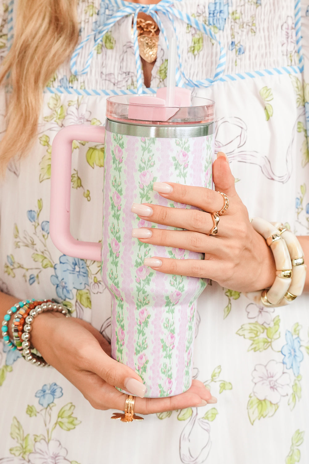 Print Large Flower Large Insulated Tumbler with Handle 40oz