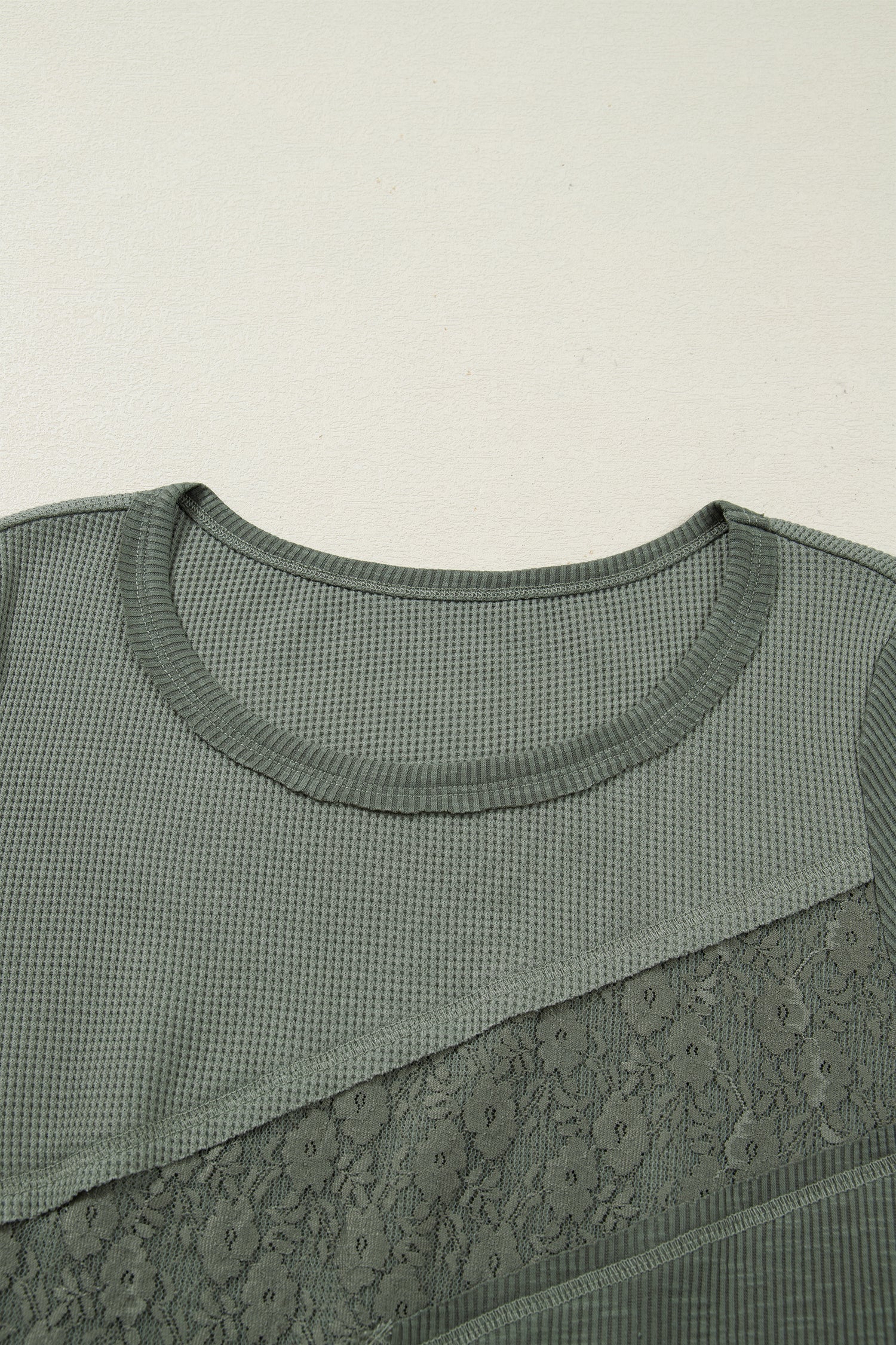 Green Waffle Sage Waffle Rib-Knit Lace Patchwork Long-Sleeved Top