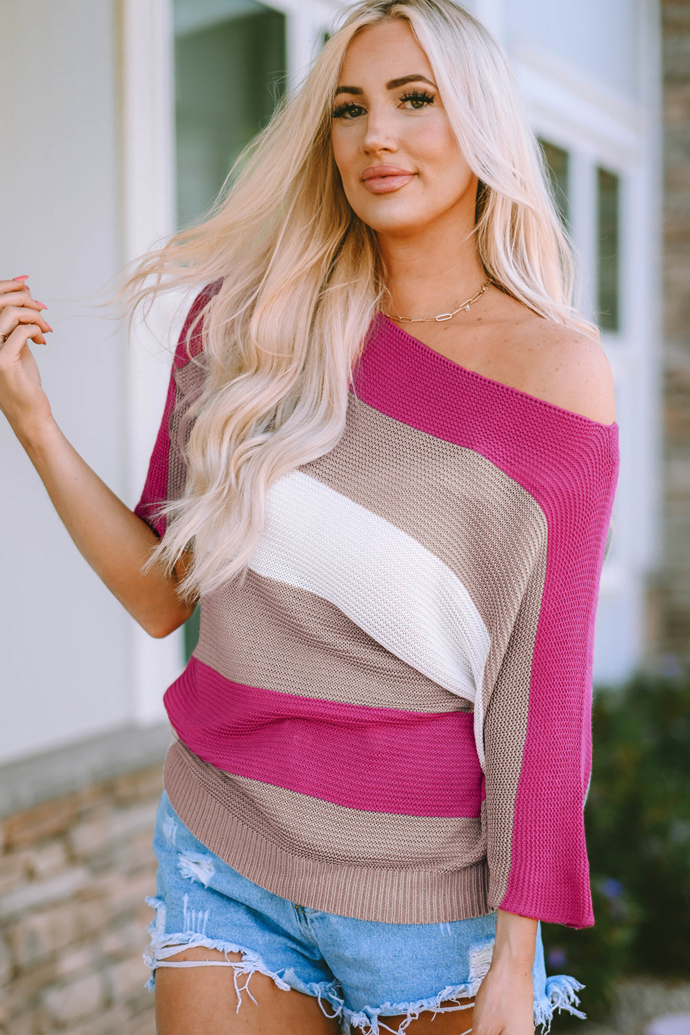 Women's Sweater Featuring Half Sleeve Stripe Knitted