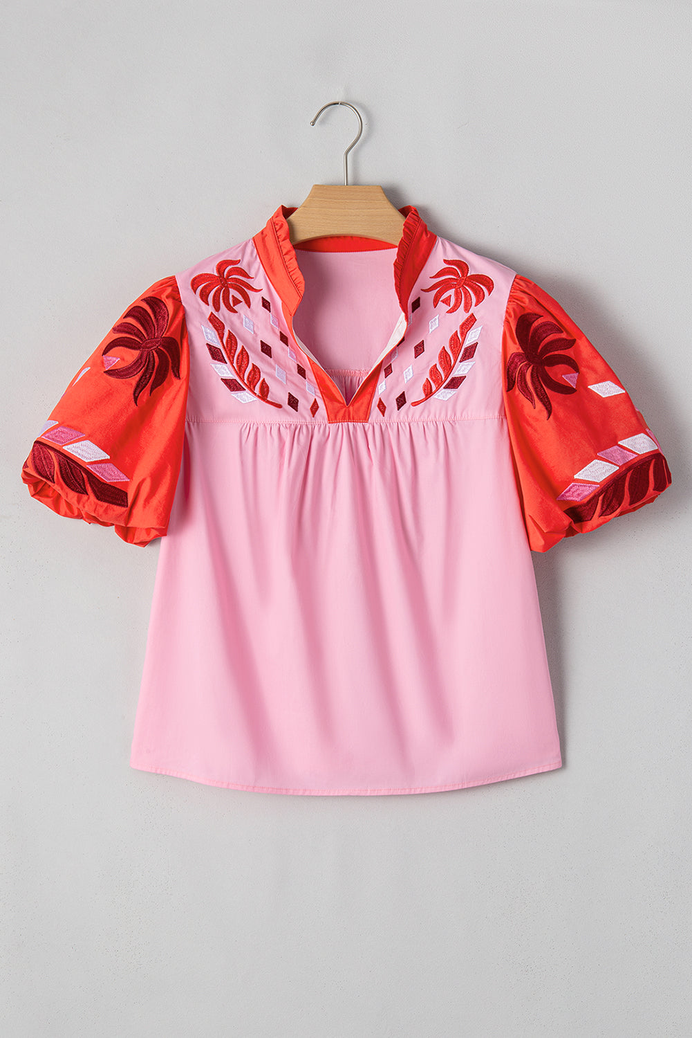 Floral Embroidered Notch V Neck Babydoll Blouse