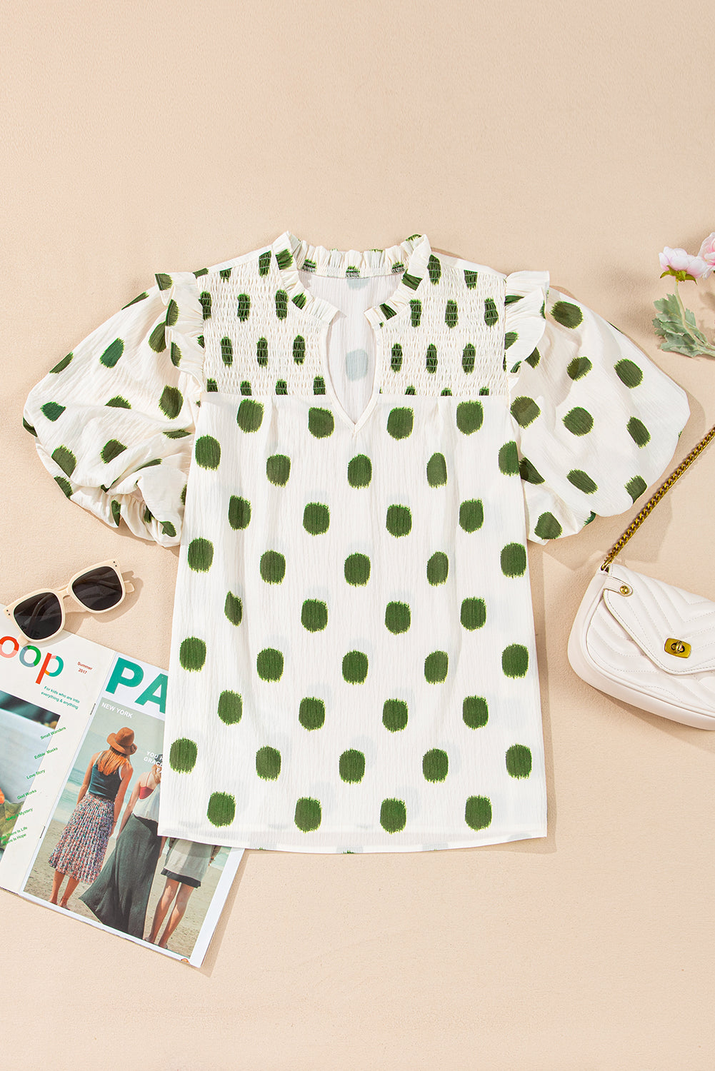 Polka Dot Print Shirred Yoke Notched Neck Balloon Sleeve Blouse