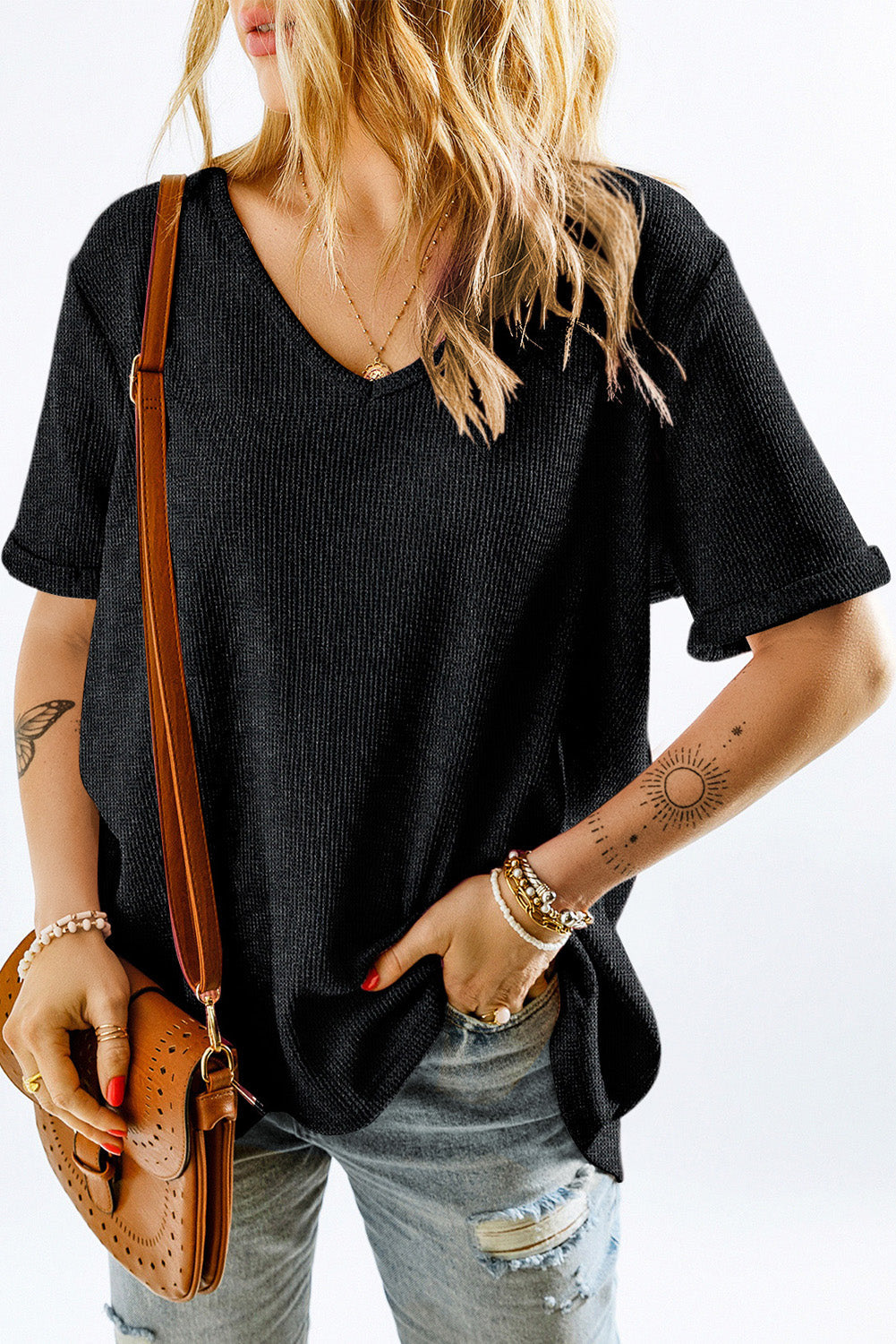 Women's Tee Featuring High Low Cuffed