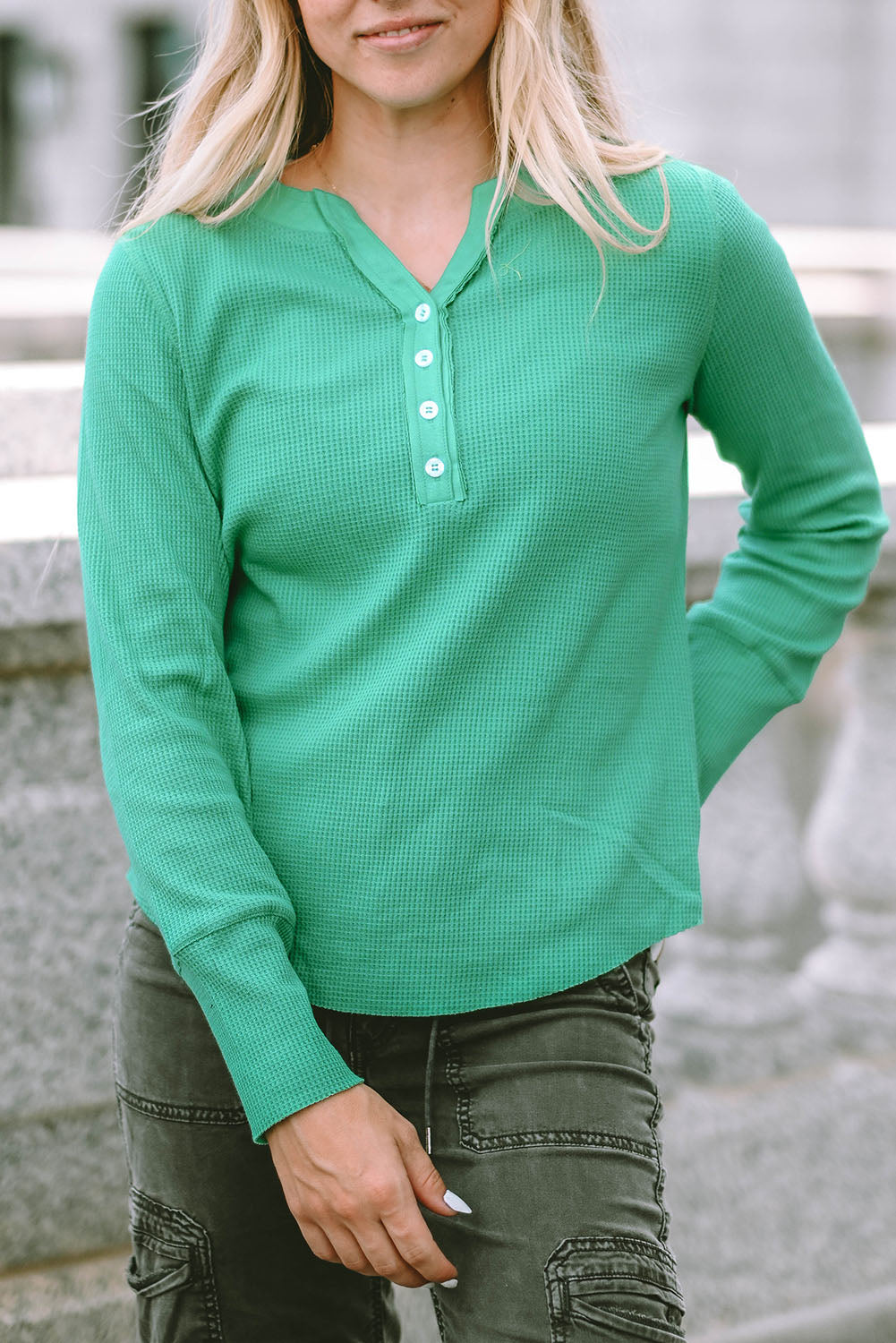 Women's Henley Top with Trimmed Waffle Knitted