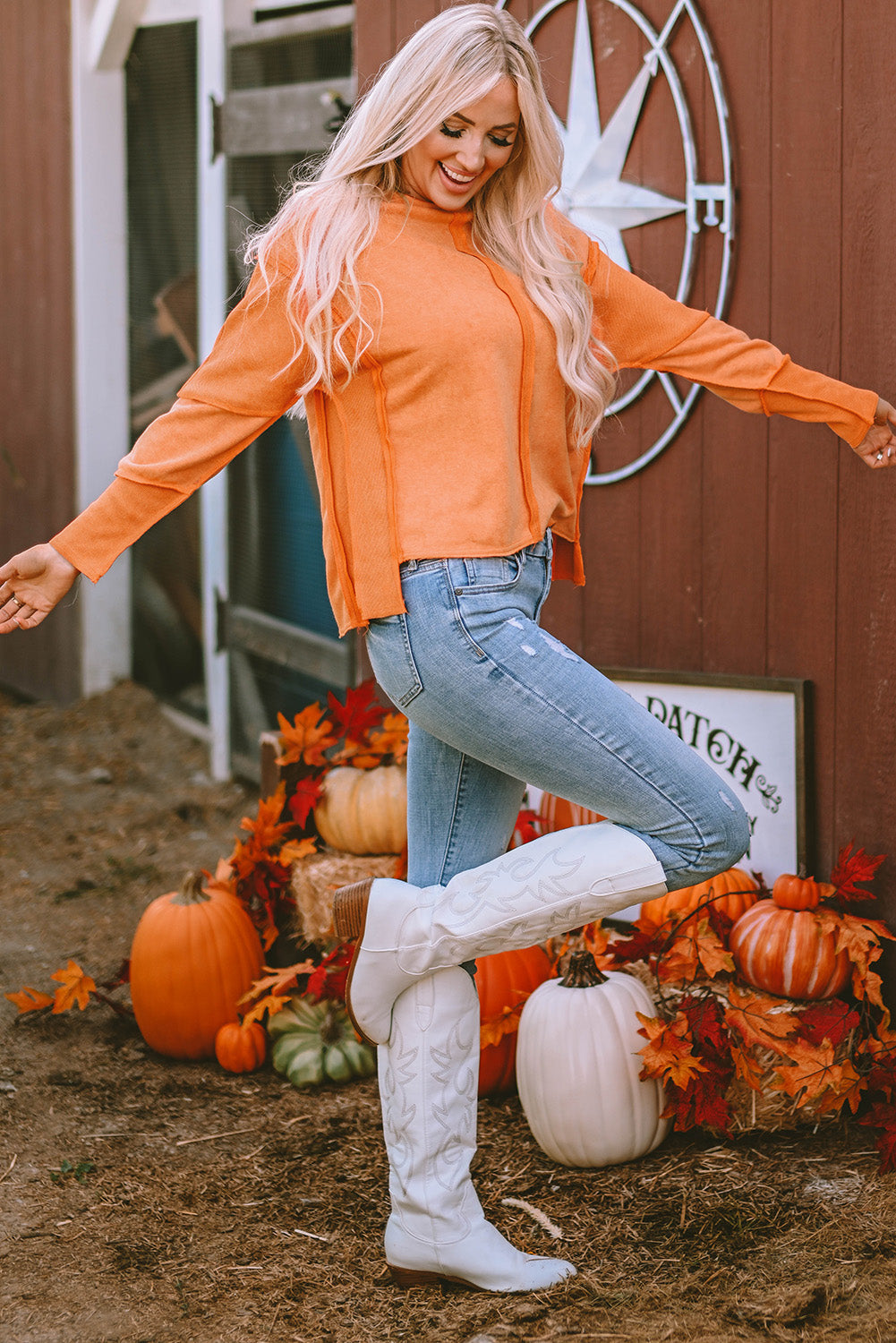 Women's Sweatshirt with Halloween Pumpkin Face Patchwork