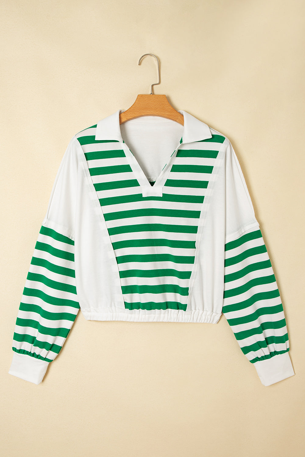 Collared V-Neck Colorblock V-Neck Cropped Knit Pullover