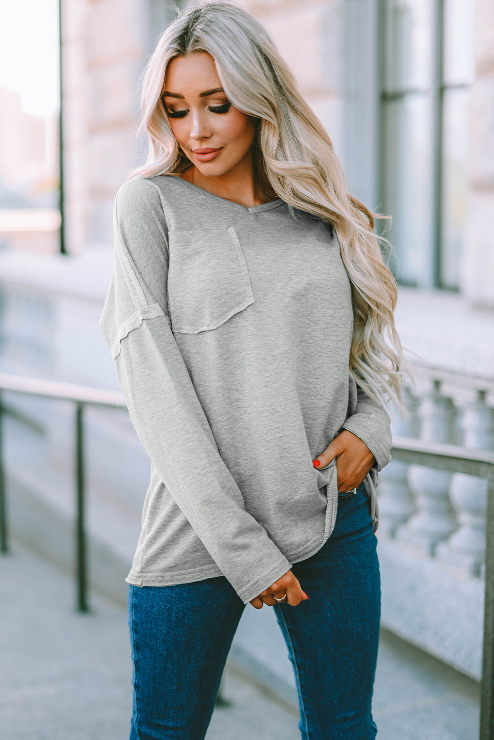 Women's Top with Pocket-Detail Oversized Drop Sleeve