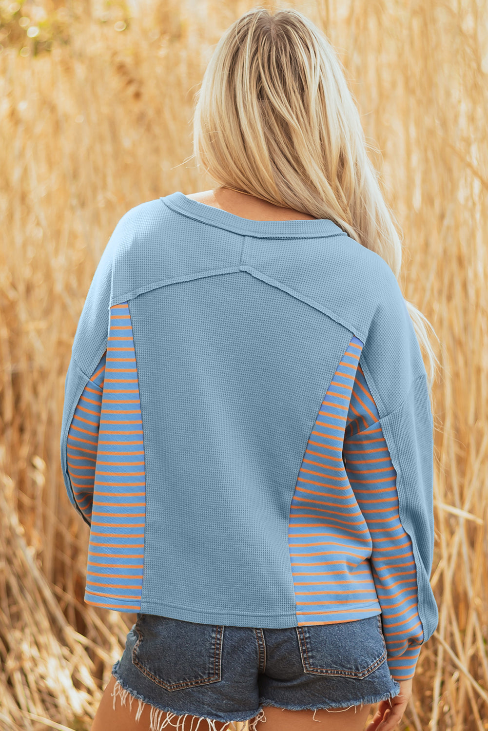 Seam Waffle Exposed Waffle Striped Patchwork Baggy Pullover in Blue