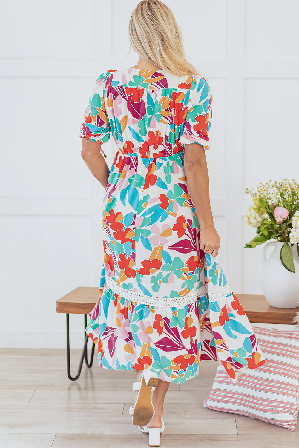 Floral Knot Buttoned Front Split Lace Maxi Dress
