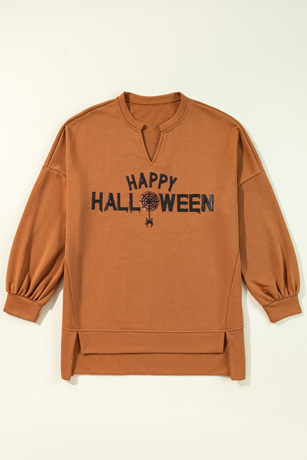 Halloween Sequin Happy Graphic Notched Neck Long-Sleeved Loose Top