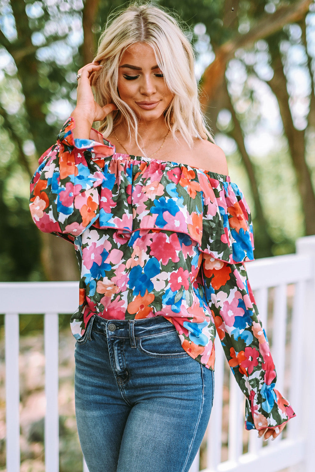 Women's Floral-Print Ruffle-Trimmed Off Shoulder Blouse