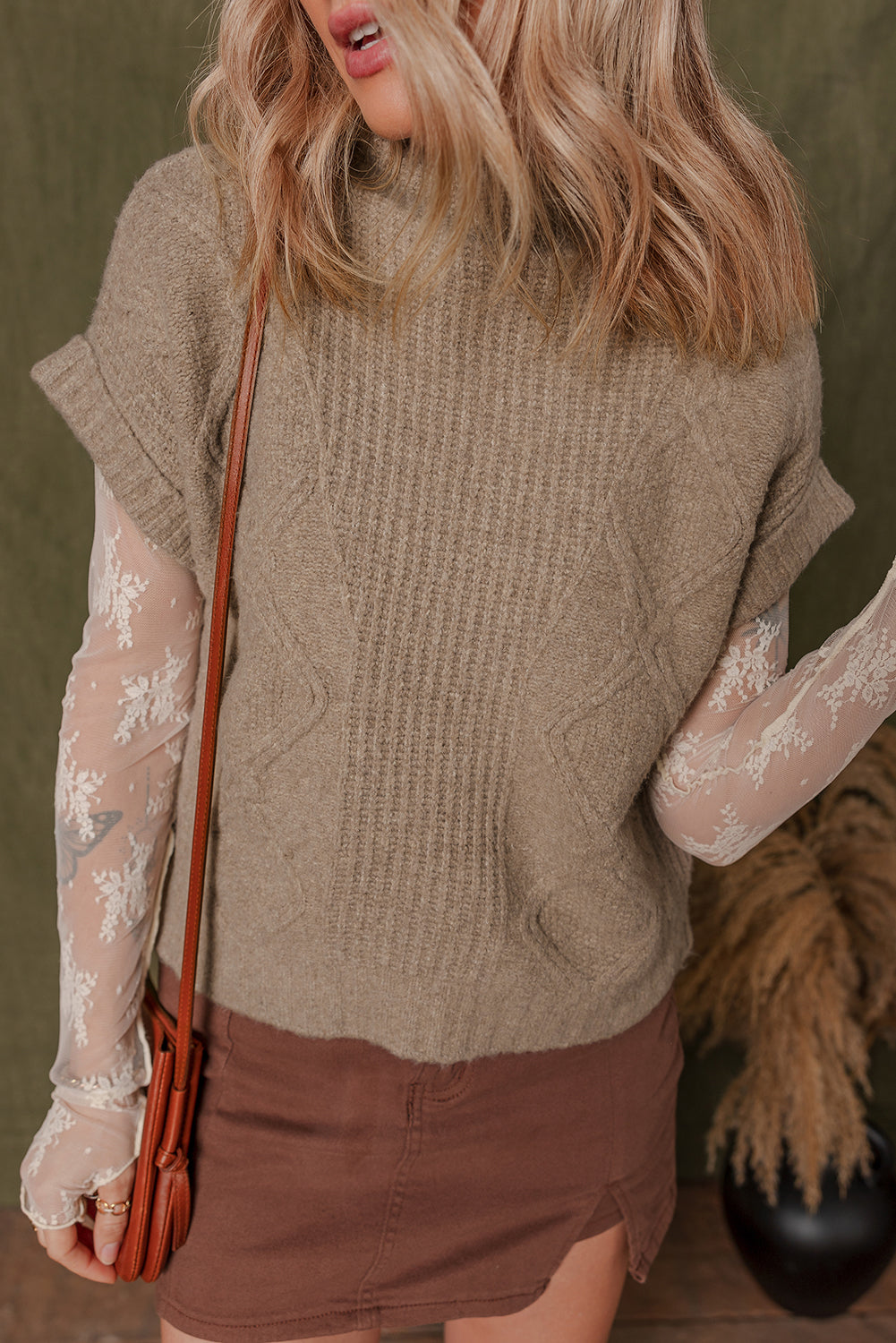 Knit High Textured High Neck Knit Top T Shirt in Smoke Gray