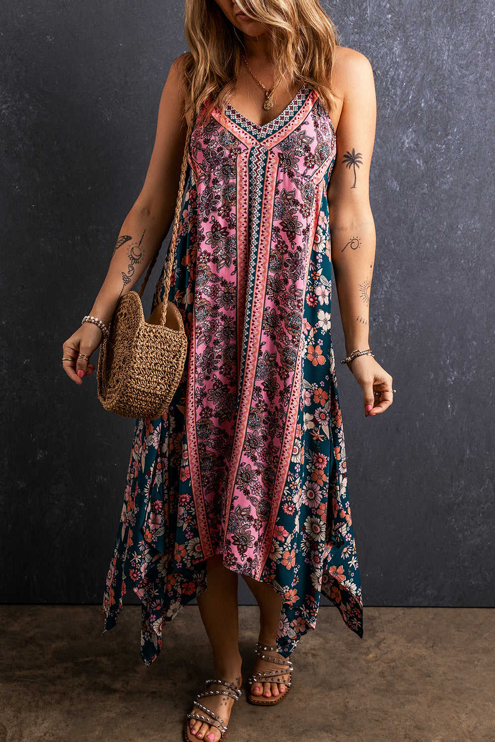 Women's Sundress with Floral-Print Long Bohemian