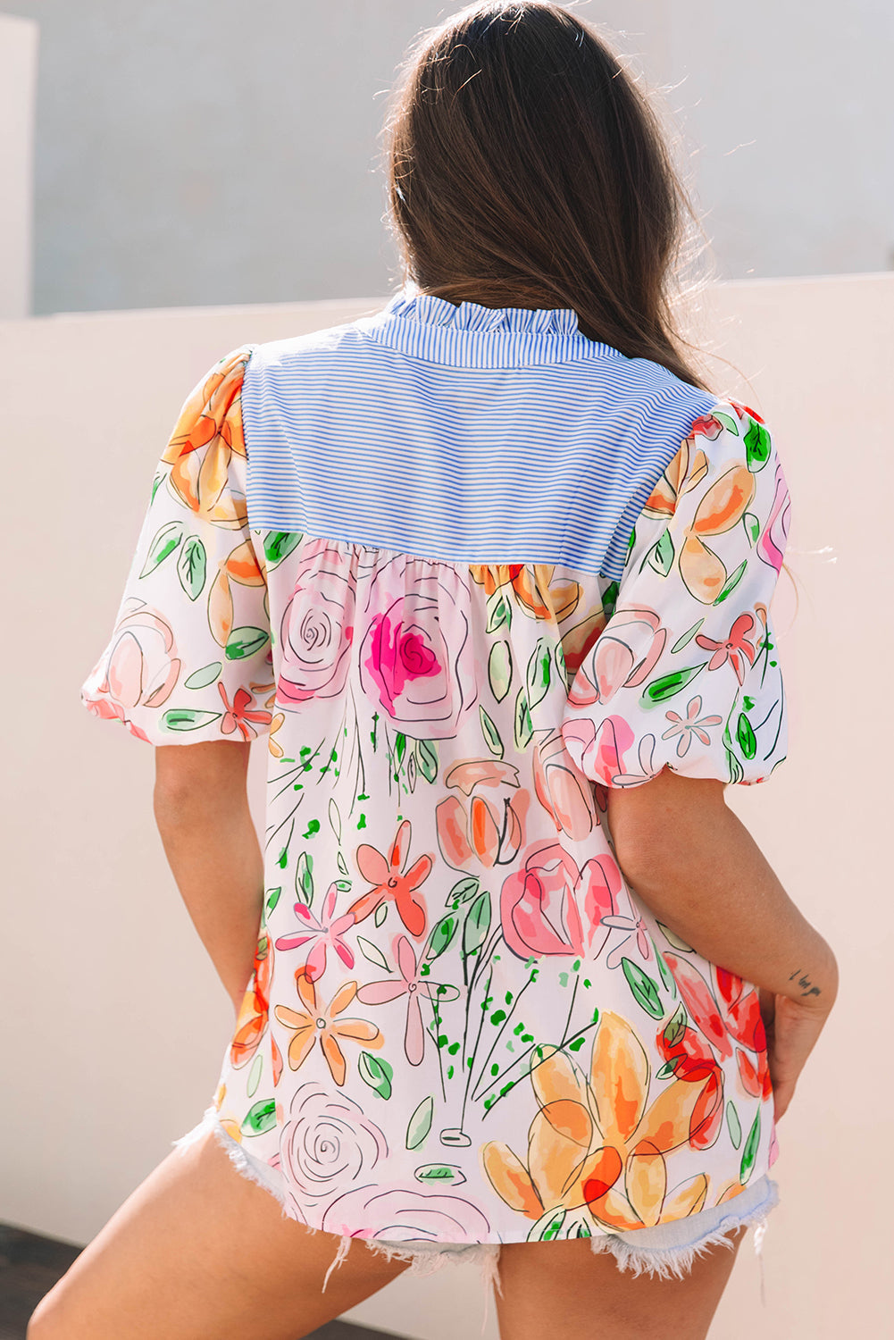 Floral Print Striped Yoke Frilled V Neck Blouse