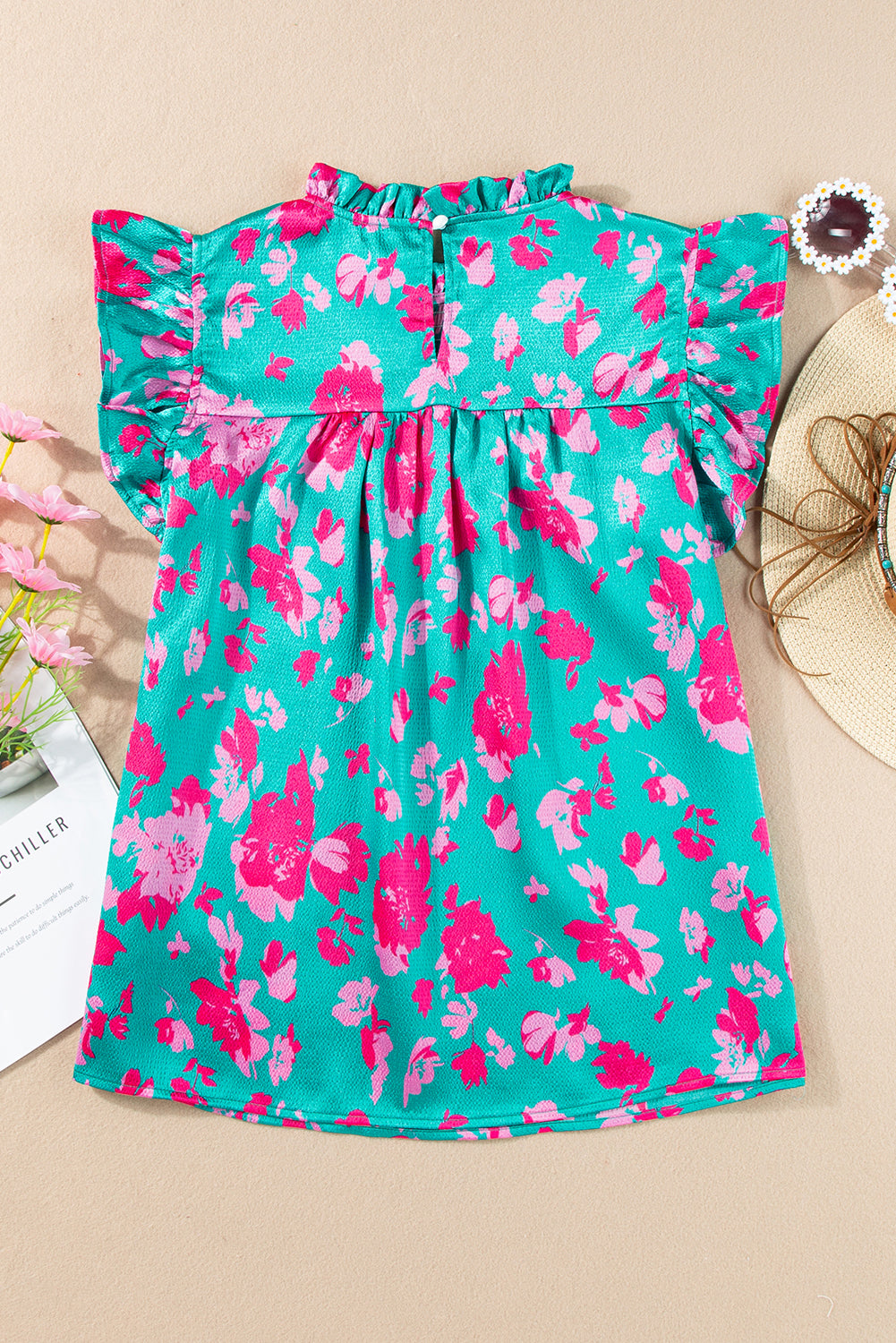 Women's Blouse Featuring Floral-Print Ruffle-Trimmed Flutter Sleeve Ruched