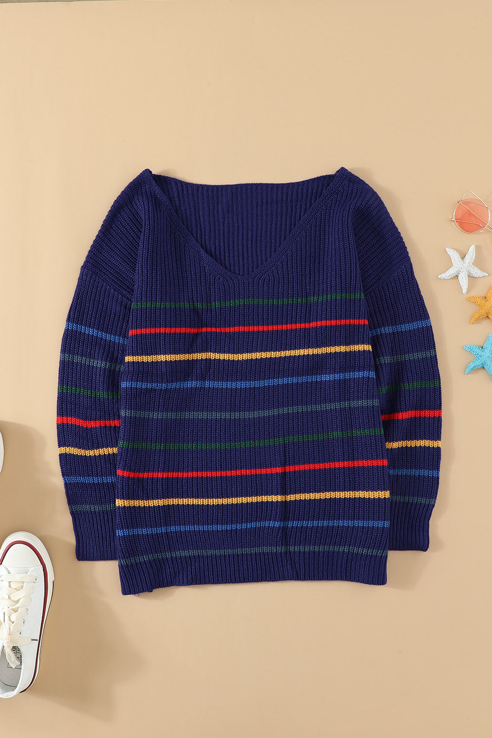 Knit Sweater for Women Blue Striped Loose